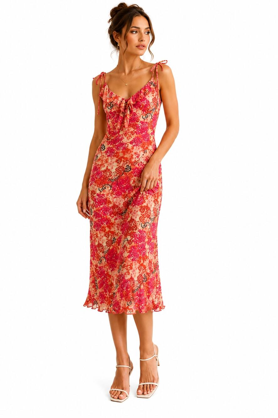 Y2K Floral Ruffled Romantic Fairy Boho Midi Slip Dress Womens Size S Feminine